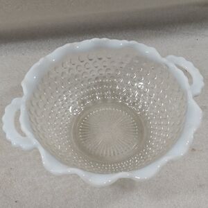 Vintage Fenton White Opalescent Hobnail Ruffled Twin Handle Dish Bowl